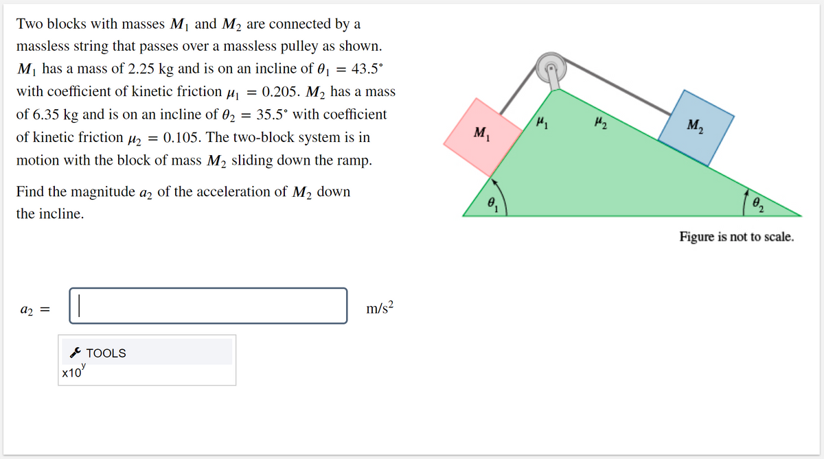 Two blocks with masses M1 and M2 are connected by a
massless string that passes over a massless pulley as shown.
M has a mass of 2.25 kg and is on an incline of 01
43.5°
with coefficient of kinetic friction
0.205. M2 has a mass
of 6.35 kg and is on an incline of 02 = 35.5° with coefficient
M2
of kinetic friction µz = 0.105. The two-block system is in
M,
motion with the block of mass M2 sliding down the ramp.
Find the magnitude az of the acceleration of M2 down
the incline.
Figure is not to scale.
a2 =
m/s?
* TOOLS
x10
