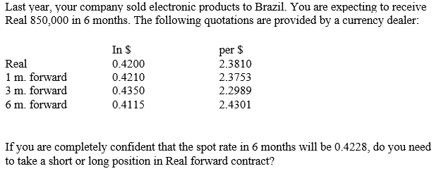 Last year, your company sold electronic products to Brazil. You are expecting to receive
Real 850,000 in 6 months. The following quotations are provided by a currency dealer:
In $
Real
1 m. forward
3 m. forward
per $
2.3810
2.3753
0.4200
0.4210
0.4350
2.2989
6 m. forward
0.4115
2.4301
If you are completely confident that the spot rate in 6 months will be 0.4228, do you need
to take a short or long position in Real forward contract?
