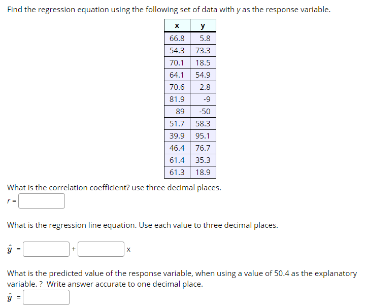 Find the regression equation using the following set of data with y as the response variable.
y
66.8
5.8
54.3
73.3
70.1
18.5
64.1
54.9
70.6
2.8
81.9
-9
89
-50
51.7
58.3
39.9
95.1
46.4
76.7
61.4| 35.3
61.3 18.9
What is the correlation coefficient? use three decimal places.
What is the regression line equation. Use each value to three decimal places.
What is the predicted value of the response variable, when using a value of 50.4 as the explanatory
variable. ? Write answer accurate to one decimal place.
=
