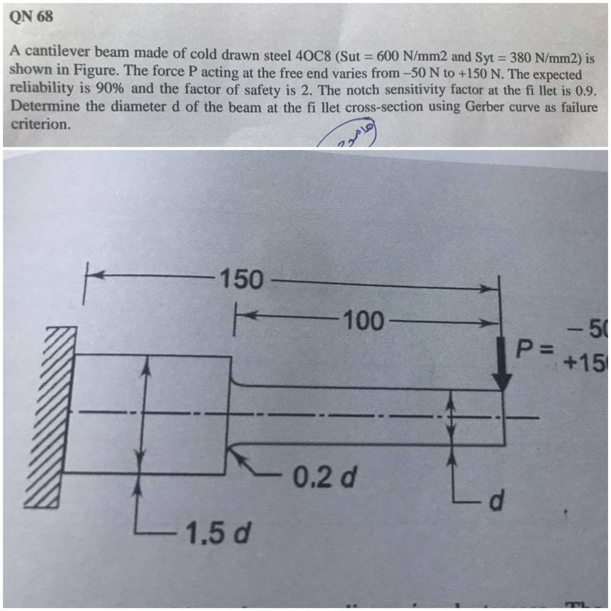 QN 68
A cantilever beam made of cold drawn steel 40C8 (Sut = 600 N/mm2 and Syt 380 N/mm2) is
shown in Figure. The force P acting at the free end varies from -50 N to +150 N. The expected
reliability is 90% and the factor of safety is 2. The notch sensitivity factor at the fi llet is 0.9.
Determine the diameter d of the beam at the fi llet cross-section using Gerber curve as failure
criterion.
-
150 -
100 -
-50
%3D
+15
- 0.2 d
La
p-
-1.5 d
