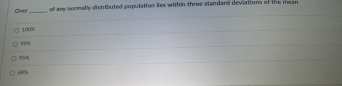 Over
of any normally distributed population lies within three standard deviations of the mean
O 100%
O 99%
O 95%
O 68%
