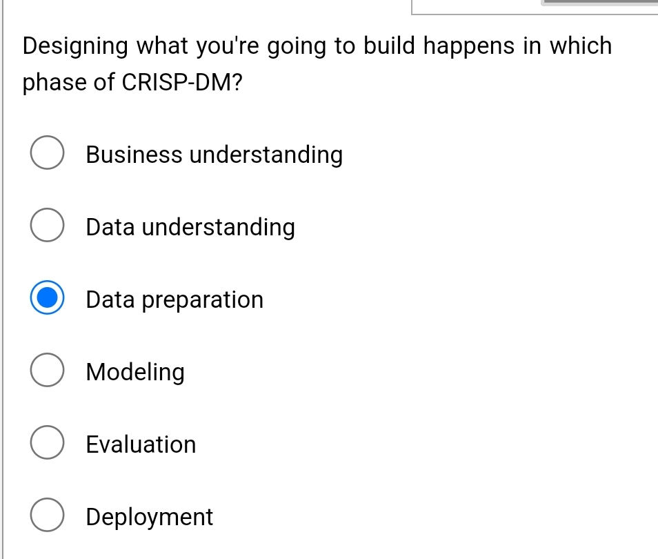Designing what you're going to build happens in which
phase of CRISP-DM?
Business understanding
Data understanding
Data preparation
O Modeling
O Evaluation
O Deployment
