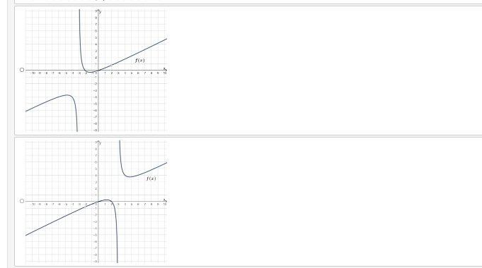 ### Understanding Functions with Graphs

The following are illustrations of various functions demonstrated through graph plots to help visualize their behavior. 

#### Graph 1: Function \(f(x)\)

- **Axes**: The graph is formatted in a standard Cartesian coordinate system.
  - The x-axis ranges from approximately -8 to 8.
  - The y-axis similarly ranges from approximately -8 to 8.
  
- **Behavior**:
  - The function \(f(x)\) exhibits an asymptotic behavior as \(x\) approaches 0 from the negative side. It tends towards negative infinity.
  - As \(x\) approaches 0 from the positive side, the function jumps to positive infinity.
  - The function appears to flatten out as \(x\) moves towards both positive and negative directions, suggesting linear behavior away from the origin.

#### Graph 2: Function \(f(x)\)

- **Axes**: Again, this graph is plotted on a standard Cartesian coordinate system.
  - The x-axis ranges from approximately -8 to 8.
  - The y-axis similarly ranges from approximately -8 to 8.
  
- **Behavior**:
  - The function \(f(x)\) showcases a steep drop as \(x\) transitions from negative to positive values near \(x = 0\), indicating a vertical asymptote.
  - As \(x\) approaches 0 from the negative side, the function moves towards positive infinity.
  - Conversely, as \(x\) approaches 0 from the positive side, the function sharply declines towards negative infinity.
  - Away from the y-axis, the function shows linear behavior, denoted by the relatively straight lines extending towards infinity.

### Summary

By analyzing these graphs, one can interpret how functions behave near certain values and as they extend towards infinity. This visualization forms an essential tool in understanding mathematical functions and their limits, asymptotes, and general behavior across the domain.