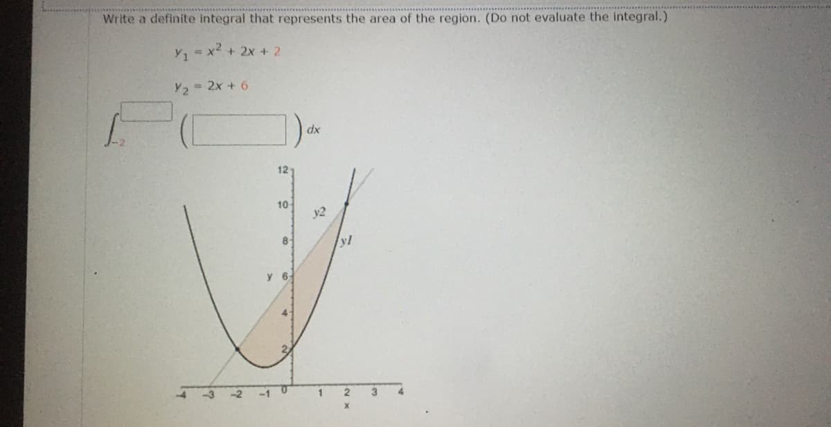 Write a definite integral that represents the area of the region. (Do not evaluate the integral.)
Y =x2 + 2x + 2
Y2 2x + 6
xp
12
10-
y2
8
yl
y 6-
2
4 -3 -2
