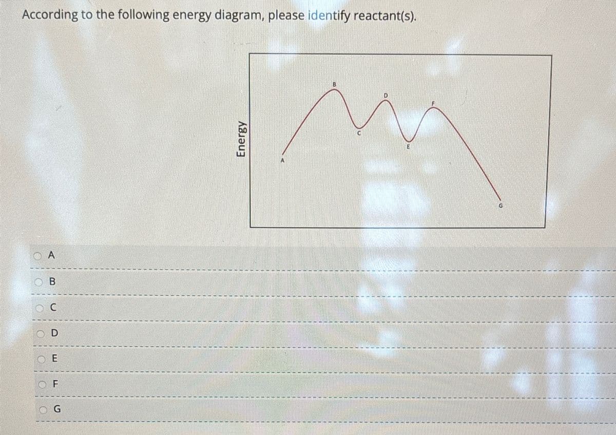 According to the following energy diagram, please identify reactant(s).
3181
B
D
E
OF
G
Energy
B
G