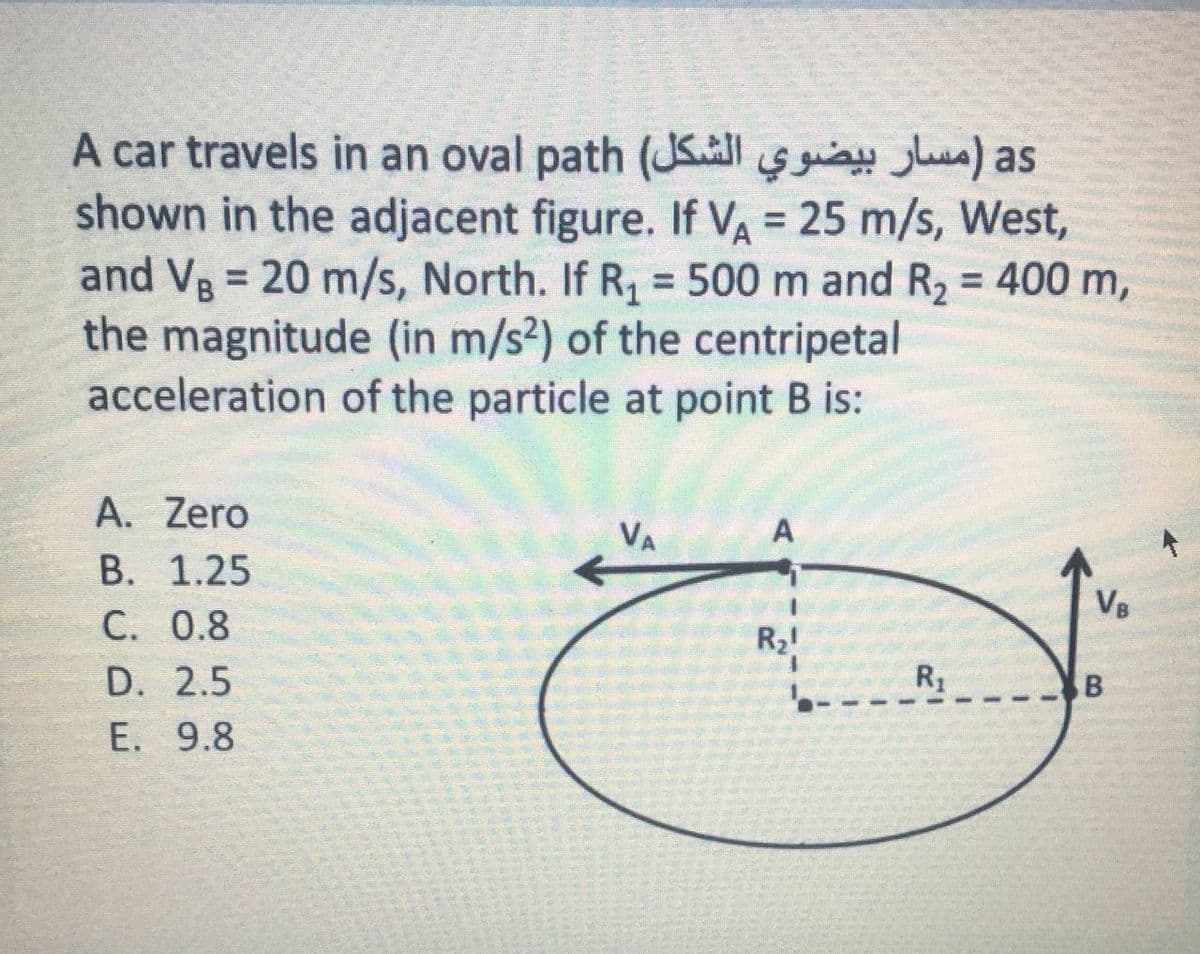 A car travels in an oval path (JSl s guia ) as
shown in the adjacent figure. If VA = 25 m/s, West,
and Vg = 20 m/s, North. If R, = 500 m and R2 = 400 m,
the magnitude (in m/s2) of the centripetal
acceleration of the particle at point B is:
%3D
%3D
%3D
A. Zero
VA
A
В. 1.25
C. 0.8
VB
R21
D. 2.5
R1
E. 9.8
B.
