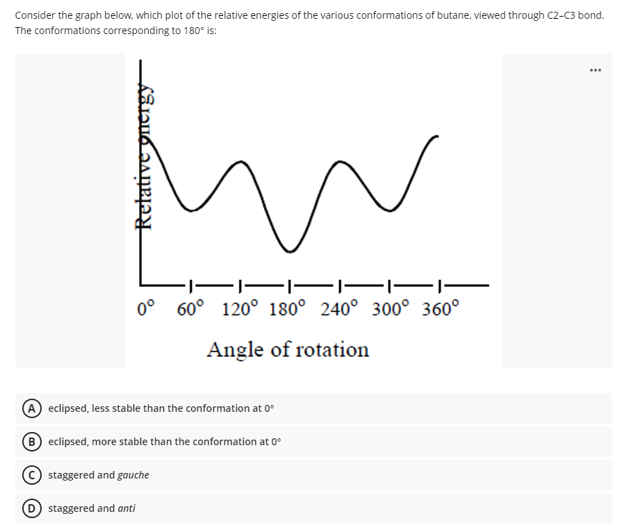 Consider the graph below, which plot of the relative energies of the various conformations of butane, viewed through C2-C3 bond.
The conformations corresponding to 180° is:
...
|- F F-
0° 60° 120° 180° 240° 300° 360°
Angle of rotation
(A) eclipsed, less stable than the conformation at 0°
(B eclipsed, more stable than the conformation at 0°
C staggered and gauche
(D) staggered and anti
Retative onergy
