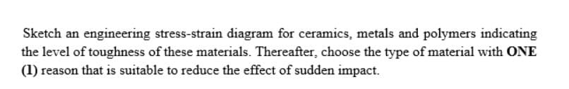 Sketch an engineering stress-strain diagram for ceramics, metals and polymers indicating
the level of toughness of these materials. Thereafter, choose the type of material with ONE
(1) reason that is suitable to reduce the effect of sudden impact.