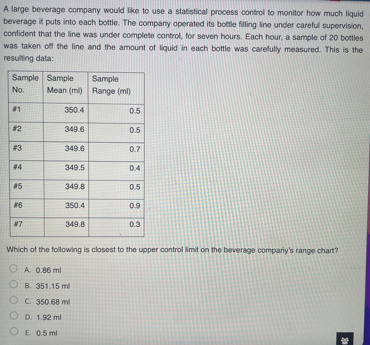 A large beverage company would like to use a statistical process control to monitor how much liquid
beverage it puts into each bottle. The company operated its bottle filling line under careful supervision,
confident that the line was under complete control, for seven hours. Each hour, a sample of 20 bottles
was taken off the line and the amount of liquid in each bottle was carefully measured. This is the
resulting data:
Sample Sample
Sample
Mean (ml) Range (ml)
No.
#1
350.4
0.5
349.6
0.5
#3
349.6
0.7
# 4
349.5
0.4
#5
349.8
0.5
#6
350.4
0.9
#7
349.8
0.3
Which of the following is closest to the upper control limit on the beverage company's range chart?
O A. 0.86 ml
O B. 351.15 ml
O C. 350.68 ml
O D. 1.92 ml
O E. 0.5 ml
2.
%23
%23
