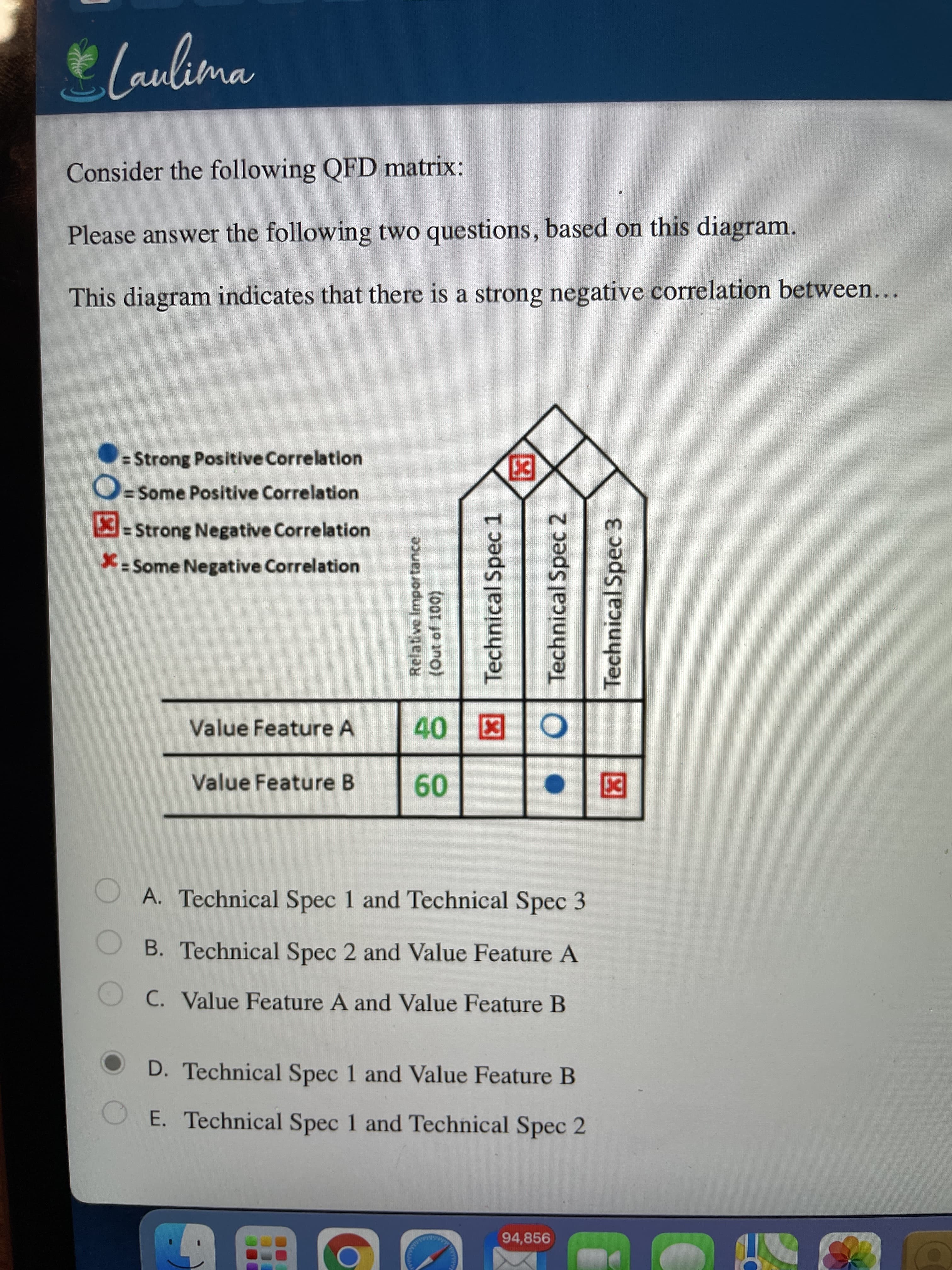 Relative Importance
XTechnical Spec 1
O Technical Spec 2
Technical Spec 3
図
au
Consider the following QFD matrix:
Please answer the following two questions, based on this diagram.
This diagram indicates that there is a strong negative correlation between...
= Strong Positive Correlation
O= Some Positive Correlation
EX
= Strong Negative Correlation
X-Some Negative Correlation
Value Feature A
EX
40
Value Feature B
09
E3
A. Technical Spec 1 and Technical Spec 3
B. Technical Spec 2 and Value Feature A
C. Value Feature A and Value Feature B
D. Technical Spec 1 and Value Feature B
E. Technical Spec 1 and Technical Spec 2
94,856
