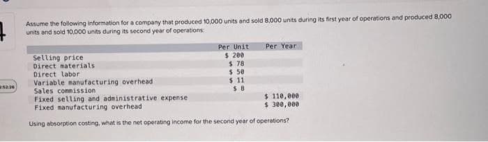 7
Assume the following information for a company that produced 10,000 units and sold 8,000 units during its first year of operations and produced 8,000
units and sold 10,000 units during its second year of operations:
252:26
Per Unit
$ 200
$ 78
$ 50
Per Year
Selling price
Direct materials
Direct labor
Variable manufacturing overhead
Sales commission
Fixed selling and administrative expense:
$ 110,000
$ 300,000
Fixed manufacturing overhead
Using absorption costing, what is the net operating income for the second year of operations?
$11
$8