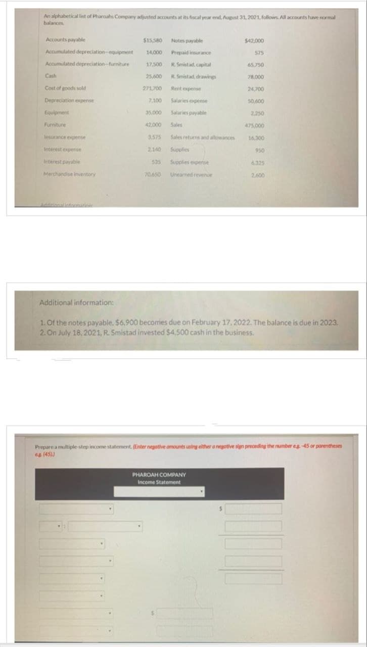 An alphabetical list of Pharoahs Company adjusted accounts at its fiscal year end, August 31, 2021, follows. All accounts have normal
balances
Accounts payable
Accumulated depreciation-equipment
Accumulated depreciation-furniture
Cash
Cost of goods sold
Depreciation expense
Equipment
Furniture
Insurance expense
Interest expense
Interest payable
Merchandise inventory
Additional information:
$15,580
14,000
17,500
25,600
271,700
7,100
35,000
42.000
3.575
2.140
535
70.650
Notes payable
Prepaid insurance
R. Smistad, capital
R. Smistad, drawings
Rent expense
Salaries expense
Salaries payable
Sales
Sales returns and allowances
Supplies
Supplies expense
Unearned revenue
$42.000
575
PHAROAH COMPANY
Income Statement
65,750
78,000
24,700
50,600
2.250
475,000
16,300
950
6.325
2.600
1. Of the notes payable, $6,900 becomies due on February 17, 2022. The balance is due in 2023.
2. On July 18, 2021, R. Smistad invested $4,500 cash in the business.
Prepare a multiple-step income statement. (Enter negative amounts using either a negotive sign preceding the number eg -45 or parentheses
eg. (45))