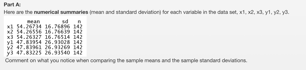 Part A:
Here are the numerical summaries (mean and standard deviation) for each variable in the data set, x1, x2, x3, y1, y2, y3.
sd n
x1 54.26734 16.76896 142
x2 54.26556 16.76639 142
x3 54.26327 16.76514 142
y1 47.83954 26.93028 142
y2 47.83961 26.93269 142
y3 47.83225 26.93540 142
mean
Comment on what you notice when comparing the sample means and the sample standard deviations.
