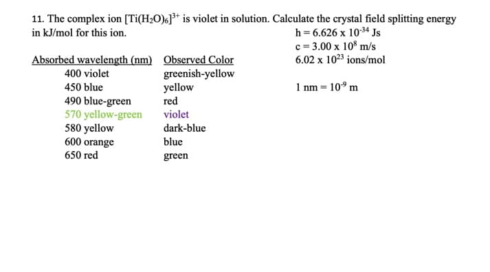 11. The complex ion [Ti(H;O)cJ** is violet in solution. Calculate the crystal field splitting energy
in kJ/mol for this ion.
h = 6.626 x 10-34 Js
c = 3.00 x 10° m/s
6.02 x 1023 ions/mol
Absorbed wavelength (nm) Observed Color
400 violet
greenish-yellow
yellow
red
450 blue
1 nm = 10° m
490 blue-green
570 yellow-green
580 yellow
600 orange
violet
dark-blue
blue
650 red
green
