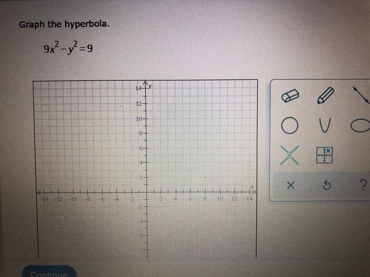 Graph the hyperbola.
9х2-y²=9
-14--12 -10
Continu
124
10-
18-
16
дох
X Ś