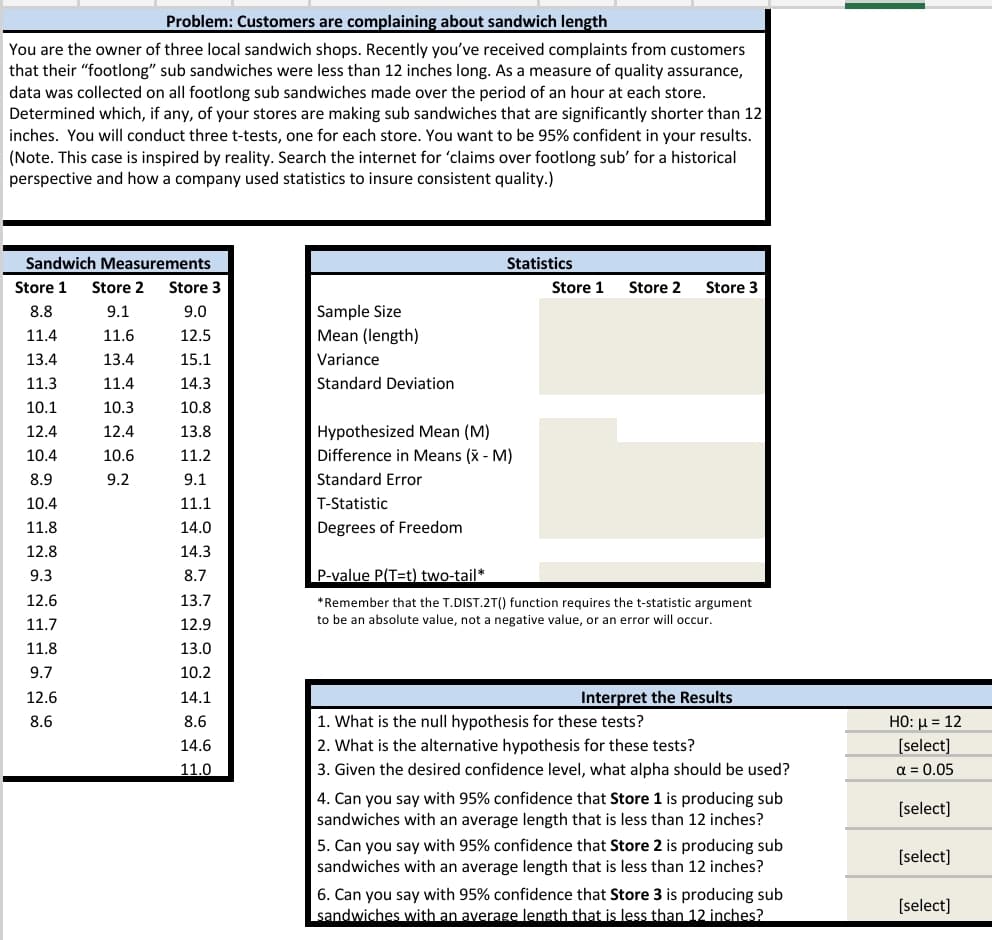 # Problem: Customers are complaining about sandwich length

**Context**: 
You are the owner of three local sandwich shops. Recently, you’ve received complaints from customers that their “footlong” sub sandwiches were less than 12 inches long. As a measure of quality assurance, data was collected on all footlong sub sandwiches made over the period of an hour at each store. Determined which, if any, of your stores are making sub sandwiches that are significantly shorter than 12 inches. You will conduct three t-tests, one for each store. You want to be 95% confident in your results. 

(Note: This case is inspired by reality. Search the internet for ‘claims over footlong sub’ for a historical perspective and how a company used statistics to ensure consistent quality.)

---

**Sandwich Measurements**:

- **Store 1**: 
  - 8.8, 11.4, 13.4, 11.3, 10.1, 12.4, 10.4, 8.9, 10.4, 11.1, 11.8, 9.3, 12.6, 11.7, 11.8, 9.7, 12.6, 8.6

- **Store 2**: 
  - 9.1, 11.6, 13.4, 11.4, 10.3, 12.4, 10.6, 9.2, 11.1, 14.0, 14.3, 8.7, 13.7, 12.9, 13.0, 10.2, 14.1, 8.6

- **Store 3**: 
  - 9.9, 12.5, 15.1, 14.3, 10.8, 13.8, 11.2, 9.1, 10.7, 14.0, 13.3, 8.7, 14.1, 12.9, 12.0, 10.2, 11.0

---

**Statistics**:

**For each store** (values not provided in the image):

- Sample Size
- Mean (length)
- Variance
- Standard Deviation
- Hypothes