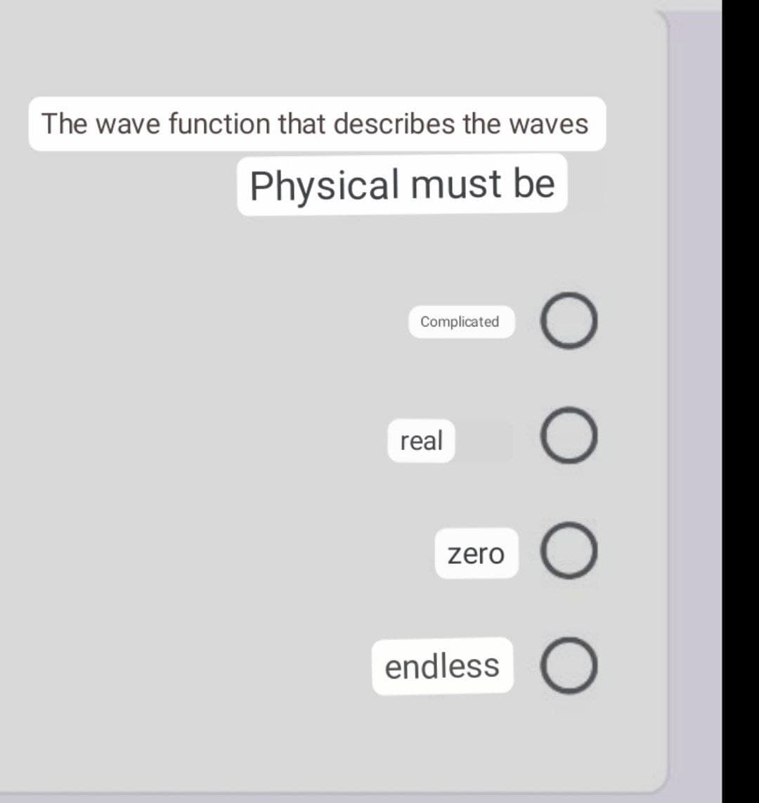 The wave function that describes the waves
Physical must be
Complicated
real
zero
endless
