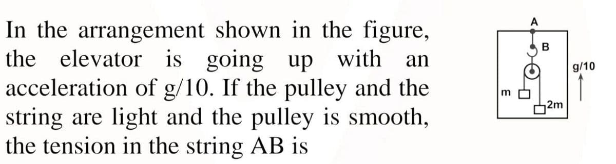 A
In the arrangement shown in the figure,
the elevator is going up with an
acceleration of g/10. If the pulley and the
string are light and the pulley is smooth,
the tension in the string AB is
g/10
]2m
