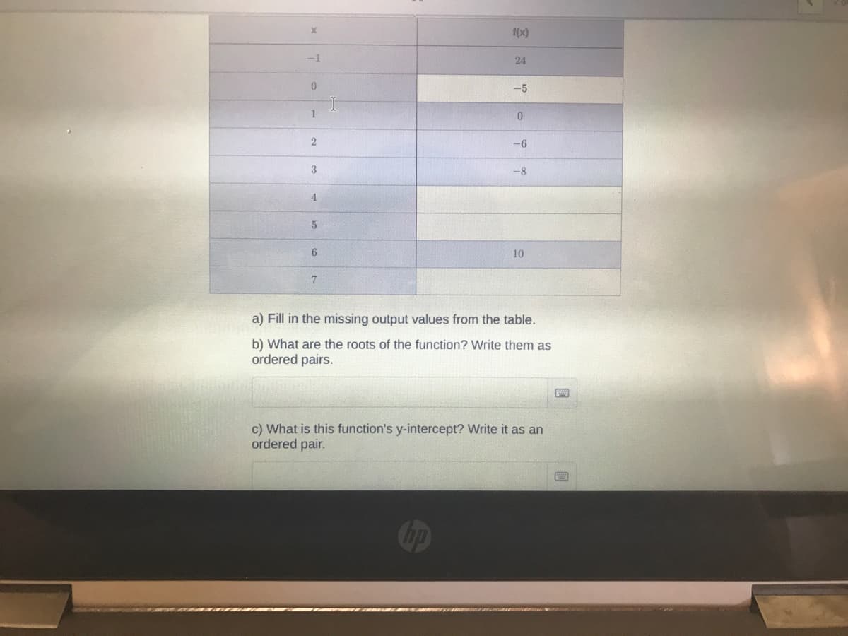 1(x)
-1
24
-5
-6
-8
10
a) Fill in the missing output values from the table.
b) What are the roots of the function? Write them as
ordered pairs.
c) What is this function's y-intercept? Write it as an
ordered pair.
