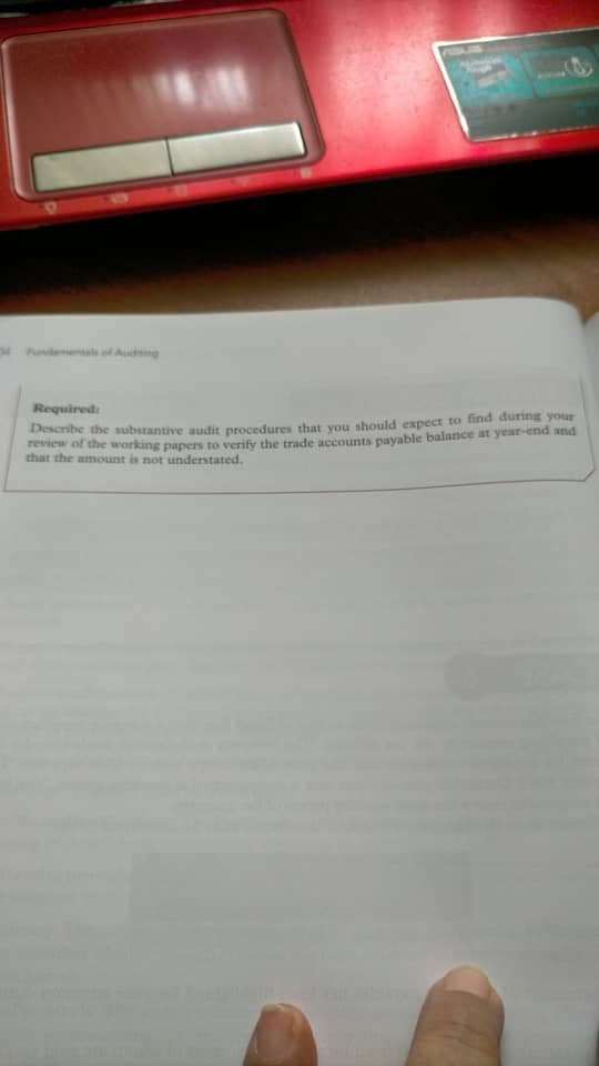u a Ading
Required
review of the working papers to verify the trade accounts payable balance at year-end and
that the amount is not understated.
Describe the substantive audit procedures that you should expect to find during your
