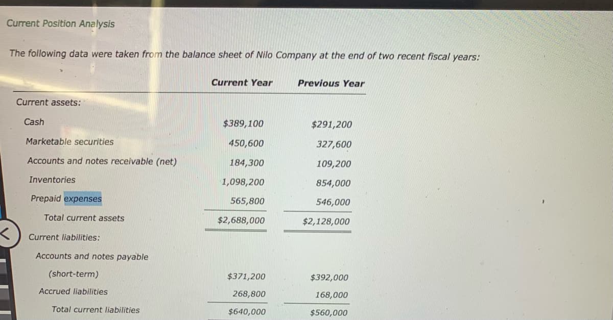 Current Position Analysis
The following data were taken from the balance sheet of Nilo Company at the end of two recent fiscal years:
Current assets:
Cash
Marketable securities
Accounts and notes receivable (net)
Inventories
Prepaid expenses
Total current assets
Current liabilities:
Accounts and notes payable
(short-term)
Accrued liabilities
Total current liabilities
Current Year
$389,100
450,600
184,300
1,098,200
565,800
$2,688,000
$371,200
268,800
$640,000
Previous Year
$291,200
327,600
109,200
854,000
546,000
$2,128,000
$392,000
168,000
$560,000