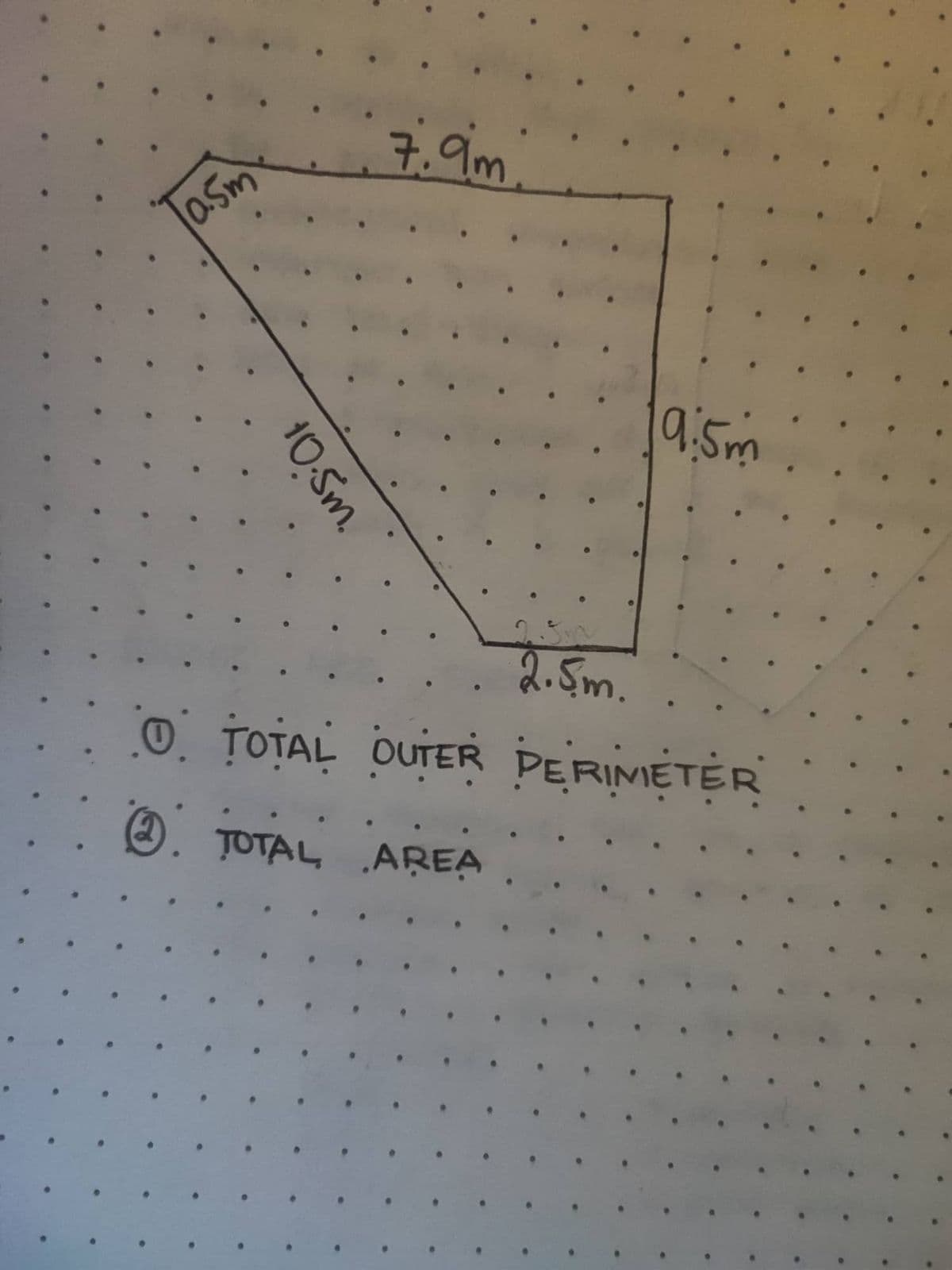 0.5m
10.5m.
7.9m
9:5m
2.5m.
TOTAL OUTER PERIMETER
TOTAL AREA