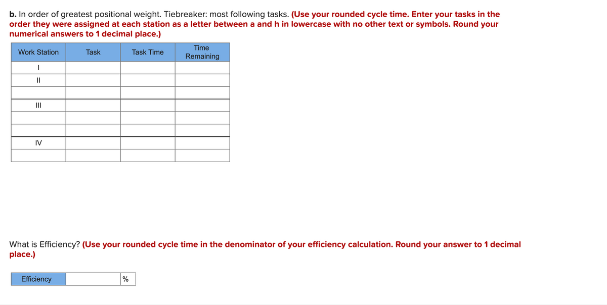 b. In order of greatest positional weight. Tiebreaker: most following tasks. (Use your rounded cycle time. Enter your tasks in the
order they were assigned at each station as a letter between a and h in lowercase with no other text or symbols. Round your
numerical answers to 1 decimal place.)
Time
Work Station
Task
Task Time
Remaining
II
II
IV
What is Efficiency? (Use your rounded cycle time in the denominator of your efficiency calculation. Round your answer to 1 decimal
place.)
Efficiency
%
