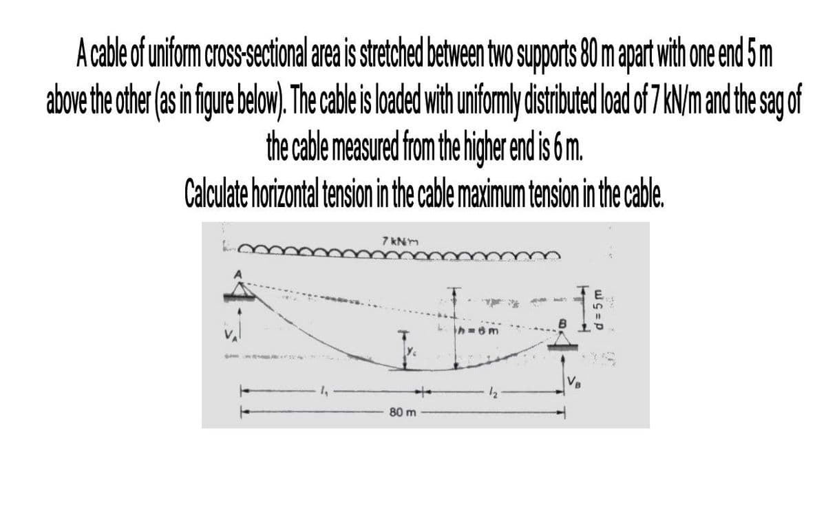 A cable of uniform cross-sectional area is stretched between twO Supports 80 m apart with one end 5 m
above the oher asin fue below),Thecale is laded wih nifomy dstriuted kad of 7WN/m andthe ag of
the cable measured from the higher end is 6 m.
Calculte horzonta tension in thecable maximum tension in the cable.
7 kNm
%3D
VB
80 m
d = 5 m
