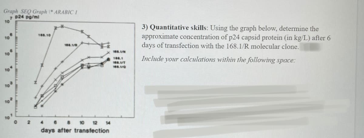 Graph SEQ Graph ARABIC I
p24 po/ml
10
7.
3) Quantitative skills: Using the graph below, determine the
approximate concentration of p24 capsid protein (in kg/L) after 6
days of transfection with the 168.1/R molecular clone.
188.10
10
188.VR
Include your calculations within the following space:
168.1
108.VT
10
10
10
10
10 12 14
days after transfection
