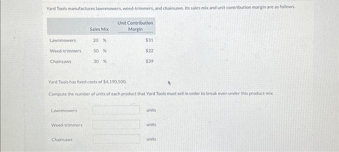 Yard Tools manufactures lawnmowers, weed-trimmers, and chainsaws. Its sales mix and unit contribution margin are as follows.
Lawnmowers
Weed-trimmers
Chainsaws
Lawnmowers
Sales Mix
20 %
Weed-trimmers
50 %
Yard Tools has fixed costs of $4,190,500.
Chainsaws
30 %
Unit Contribution,
Margin
Compute the number of units of each product that Yard Tools must sell in order to break even under this product mix.
$31
$22
$39
units
units
units