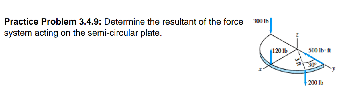 Practice Problem 3.4.9: Determine the resultant of the force
300 Ib
system acting on the semi-circular plate.
4120 lb
500 lb- ft
300
200 lb
