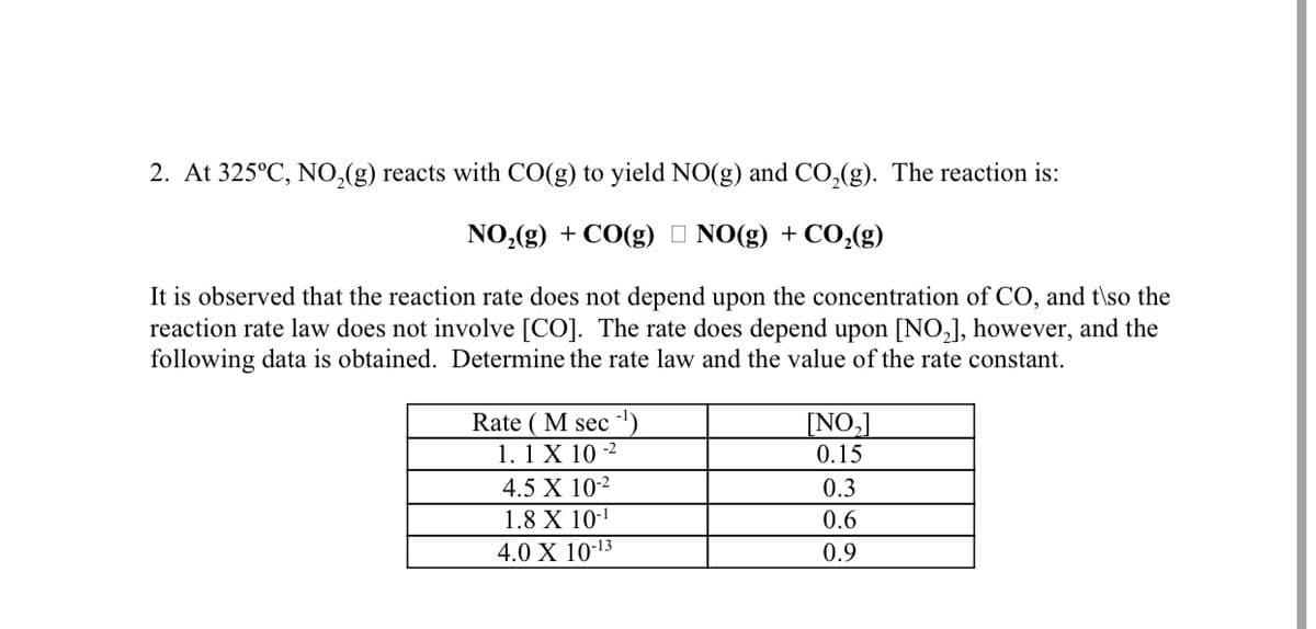 2. At 325°C, N0,(g) reacts with CO(g) to yield NO(g) and CO,(g). The reaction is:
NO,(g) + CO(g) I NO(g) + CO,(g)
It is observed that the reaction rate does not depend upon the concentration of CO, and t\so the
reaction rate law does not involve [CO]. The rate does depend upon [NO,], however, and the
following data is obtained. Determine the rate law and the value of the rate constant.
Rate ( M sec ')
NO,]
1. 1 X 10 -2
0.15
4.5 X 10-2
0.3
1.8 X 10-
4.0 X 10-13
0.6
0.9
