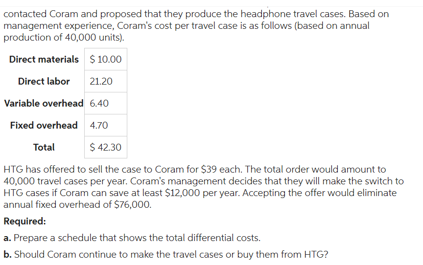 contacted Coram and proposed that they produce the headphone travel cases. Based on
management experience, Coram's cost per travel case is as follows (based on annual
production of 40,000 units).
Direct materials $10.00
Direct labor
21.20
Variable overhead 6.40
Fixed overhead
4.70
Total
$ 42.30
HTG has offered to sell the case to Coram for $39 each. The total order would amount to
40,000 travel cases per year. Coram's management decides that they will make the switch to
HTG cases if Coram can save at least $12,000 per year. Accepting the offer would eliminate
annual fixed overhead of $76,000.
Required:
a. Prepare a schedule that shows the total differential costs.
b. Should Coram continue to make the travel cases or buy them from HTG?