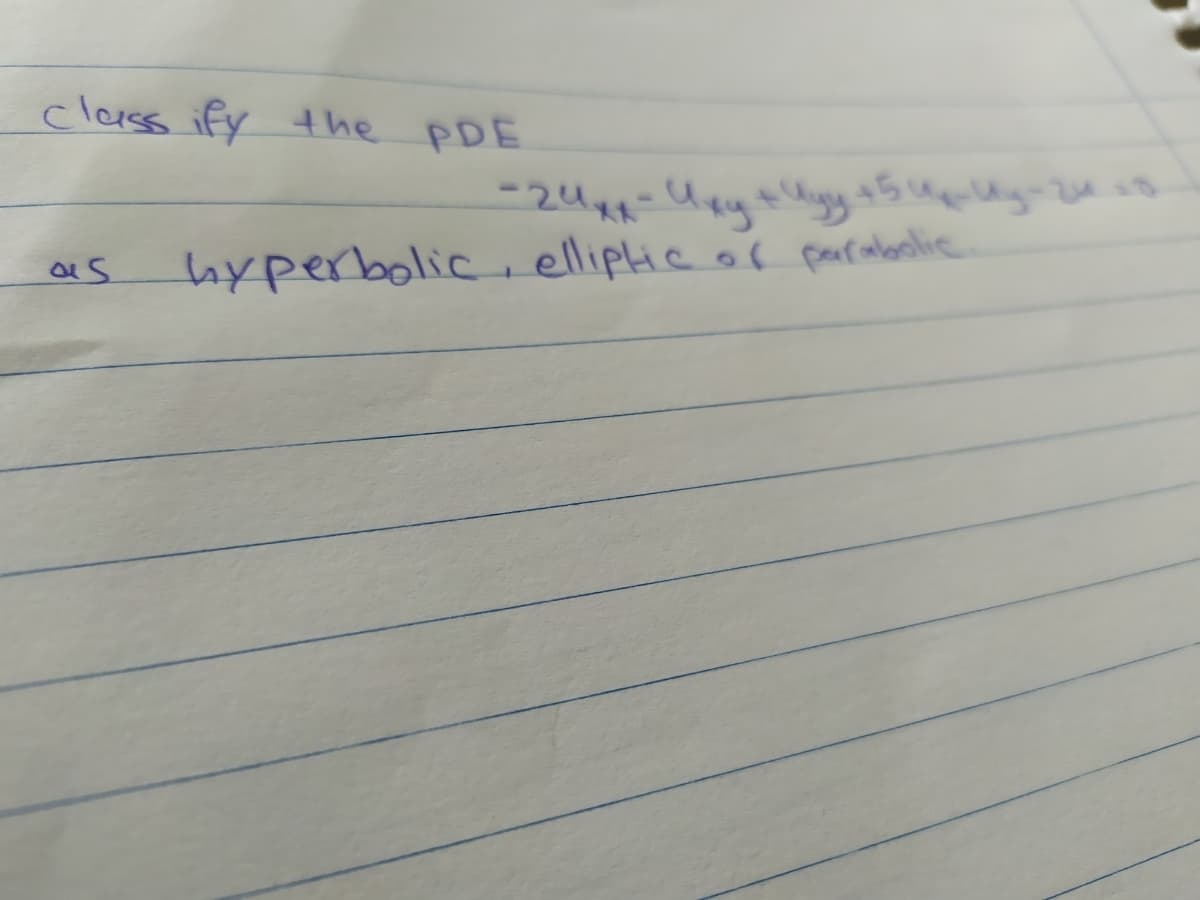 class ify the PDE
hyperbolicelliphic of pau(aloolie
