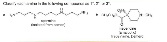 Classify each amine in the following compounds as 1°, 2°, or 3°.
NH2
a. H,N
b. CH,CH20.
N-CH,
spermine
(isolated from semen)
meperidine
(a narcotic)
Trade name: Demerol
