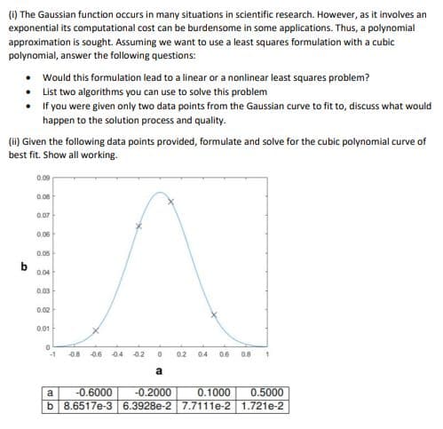 (1) The Gaussian function occurs in many situations in scientific research. However, as it involves an
exponential its computational cost can be burdensome in some applications. Thus, a polynomial
approximation is sought. Assuming we want to use a least squares formulation with a cubic
polynomial, answer the following questions:
Would this formulation lead to a linear or a nonlinear least squares problem?
• List two algorithms you can use to solve this problem
• If you were given only two data points from the Gaussian curve to fit to, discuss what would
happen to the solution process and quality.
(i) Given the following data points provided, formulate and solve for the cubic polynomial curve of
best fit. Show all working.
0.09
0.08
0.07
0.06
0.05
b
0.04
0.03
0.02
0.01
-1
0.8
0.6
04 02
0.2
0.4
0.6
a
-0.6000
-0.2000
0.1000
0.5000
a
b 8.6517e-3 6.3928e-2 7.7111e-2 1.721e-2
