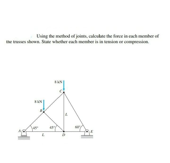 Using the method of joints, calculate the force in each member of
the trusses shown. State whether each member is in tension or compression.
8 kN
01010
8 KN
45°
B
L
45%
L
D
60%
E