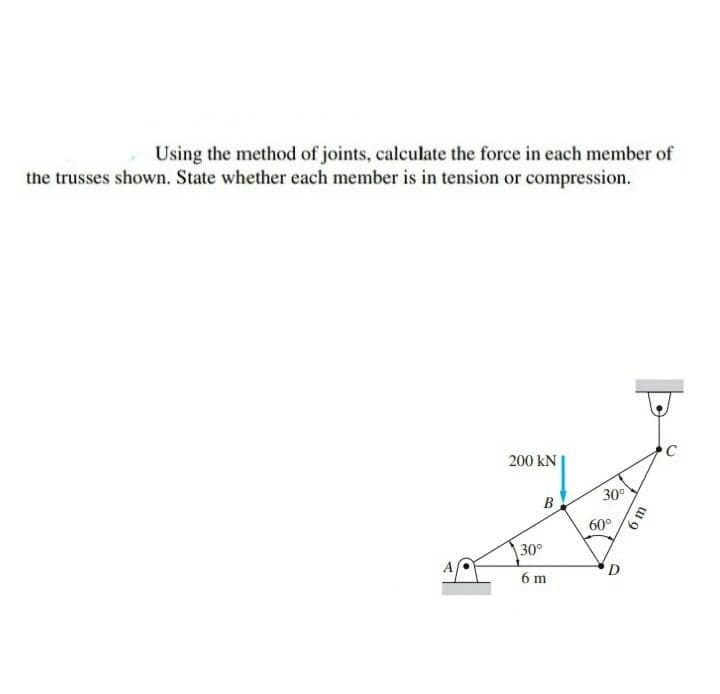 Using the method of joints, calculate the force in each member of
the trusses shown. State whether each member is in tension or compression.
C
200 KN
B
30°
6 m
30⁰
60°
D
6 m