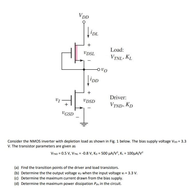 VDD
iDL
Load:
VDSL
VTNL, KL
Oa어
iDD
Driver:
VDSD
VTND. Kp
VGSD
Consider the NMOS inverter with depletion load as shown in Fig. 1 below. The bias supply voltage VOD = 3.3
V. The transistor parameters are given as
VIND = 0.5 V, VTNL = -0.8 V, Ko = 500 µA/V?, KL = 100HA/N?
(a) Find the transition points of the driver and load transistors.
(b) Determine the the output voltage vo when the input voltage v = 3.3 V.
(c) Determine the maximum current drawn from the bias supply.
(d) Determine the maximum power dissipation Pais in the circuit.
