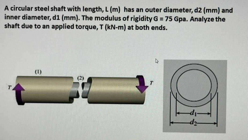 A circular steel shaft with length, L (m) has an outer diameter, d2 (mm) and
inner diameter, d1 (mm). The modulus of rigidity G = 75 Gpa. Analyze the
shaft due to an applied torque, T (kN-m) at both ends.
W
(1)
T
-di-