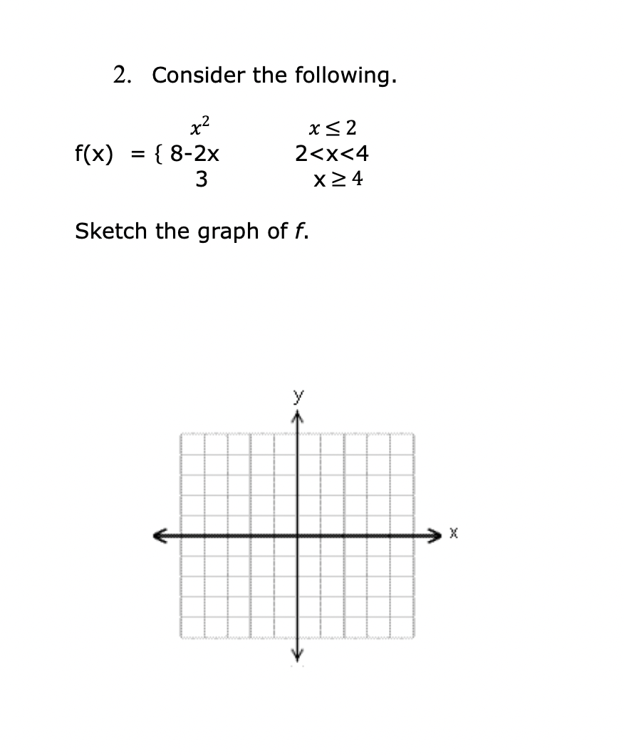 2. Consider the following.
x2
f(x) = { 8-2x
3
x< 2
2<x<4
X24
Sketch the graph of f.
