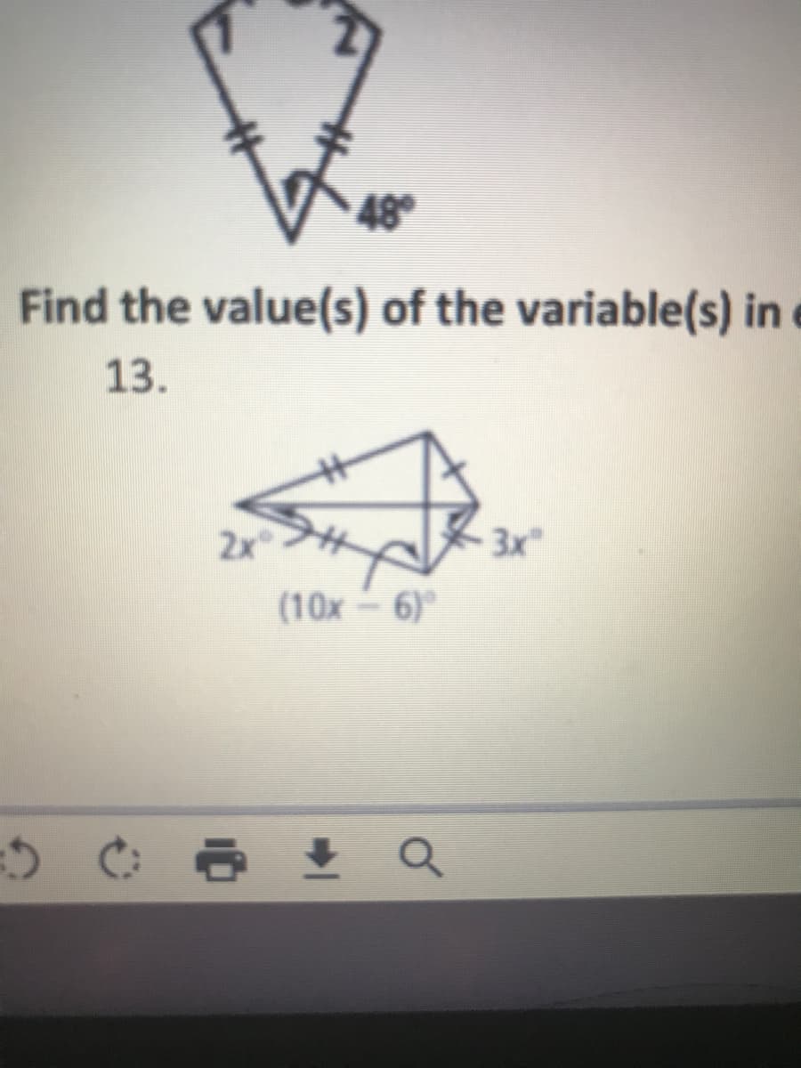 48
Find the value(s) of the variable(s) in
13.
%23
2x
3x
(10x-6)
