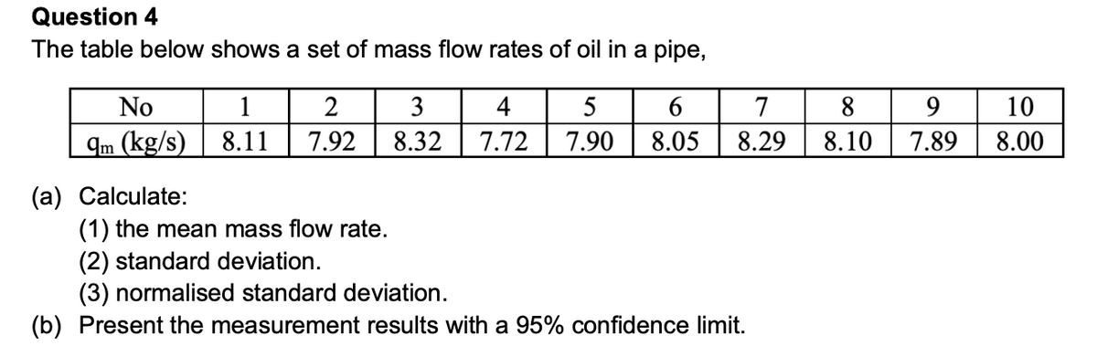 Question 4
The table below shows a set of mass flow rates of oil in a pipe,
No
9m (kg/s)
(a) Calculate:
2
3
8.11 7.92 8.32
4
5
6
7
7.72 7.90 8.05 8.29
(1) the mean mass flow rate.
(2) standard deviation.
(3) normalised standard deviation.
(b) Present the measurement results with a 95% confidence limit.
8
8.10
9
7.89
10
8.00