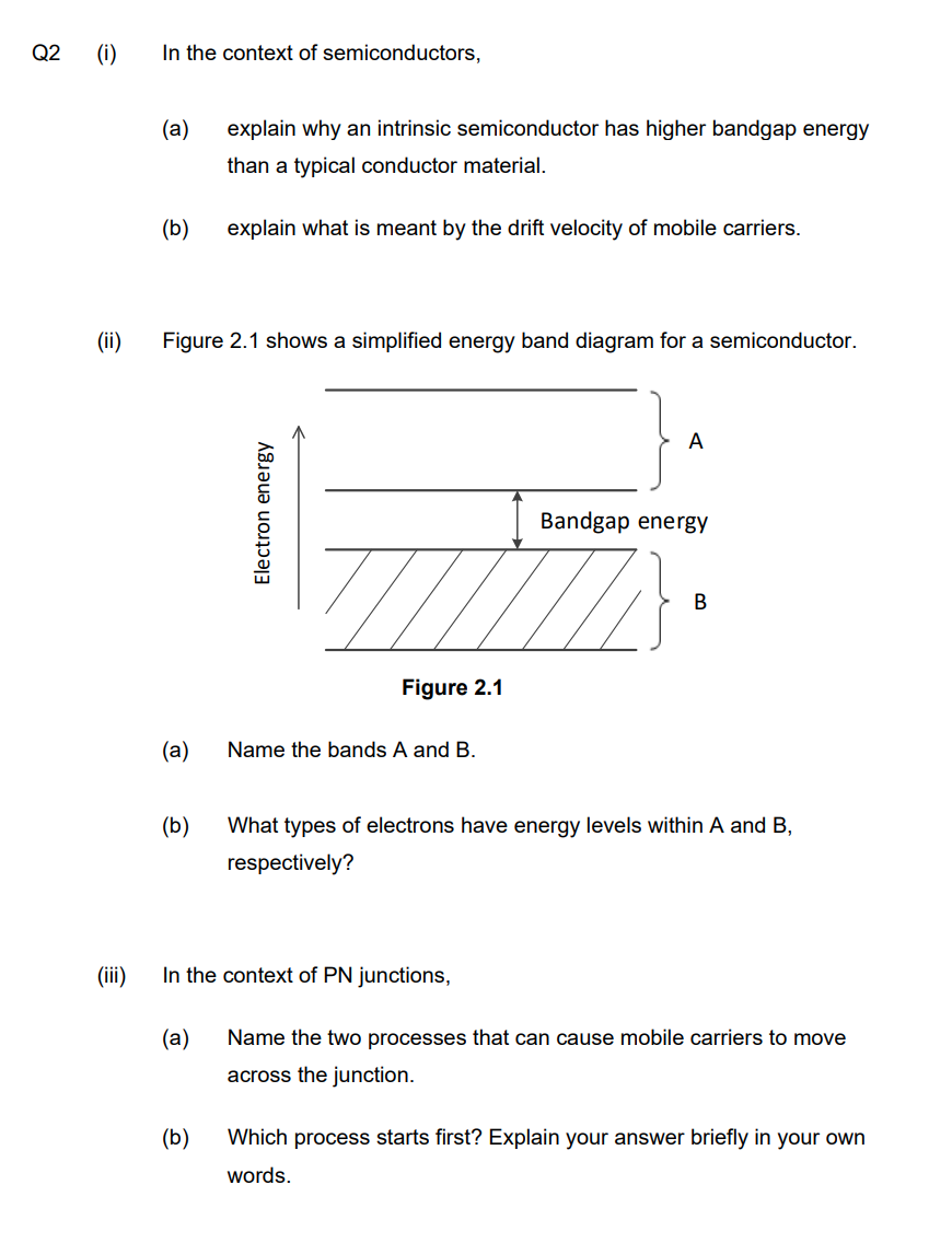 Q2
(i)
In the context of semiconductors,
(a)
explain why an intrinsic semiconductor has higher bandgap energy
than a typical conductor material.
(b)
explain what is meant by the drift velocity of mobile carriers.
(ii)
Figure 2.1 shows a simplified energy band diagram for a semiconductor.
A
Bandgap energy
B
Figure 2.1
(a)
Name the bands A and B.
(b)
What types of electrons have energy levels within A and B,
respectively?
(iii)
In the context of PN junctions,
(a)
Name the two processes that can cause mobile carriers to move
across the junction.
(b)
Which process starts first? Explain your answer briefly in your own
words.
Electron energy
