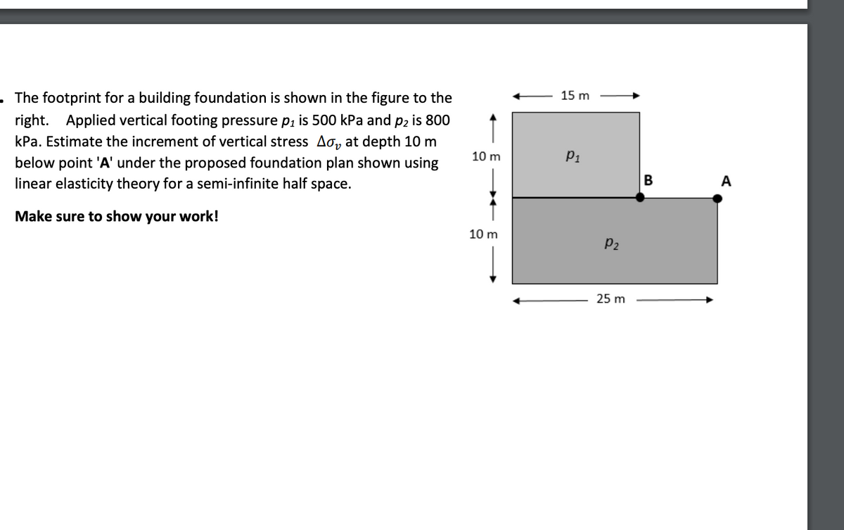 ### Building Foundation Footprint Analysis

The footprint for a building foundation is shown in the figure to the right. Applied vertical footing pressure \(p_1\) is 500 kPa and \(p_2\) is 800 kPa. Estimate the increment of vertical stress \( \Delta \sigma_v \) at a depth of 10 m below point 'A' under the proposed foundation plan shown using linear elasticity theory for a semi-infinite half space.

#### Diagram Explanation:

The provided diagram illustrates a building foundation comprised of two adjoining rectangular sections:

- The first section, labeled \(p_1\), has dimensions of 15 meters in width and 10 meters in height.
- The second section, labeled \(p_2\), is positioned below the first section and has dimensions of 25 meters in width and 10 meters in height.

Point 'A' is located at the bottom-right corner of the combined foundation, while point 'B' is situated where the two sections meet.

Key dimensions include:
- The width of the top section: 15 meters
- The combined height of both sections: 20 meters
- The width of the bottom section: 25 meters

#### Given Data:
- \( p_1 \) = 500 kPa (pressure applied on the top section)
- \( p_2 \) = 800 kPa (pressure applied on the bottom section)
- Depth at which vertical stress increment is to be calculated: 10 meters below point 'A'

#### Instruction:
Make sure to show your work!

This analysis requires the use of linear elasticity theory for a semi-infinite half space to estimate the vertical stress increment at the specified depth.