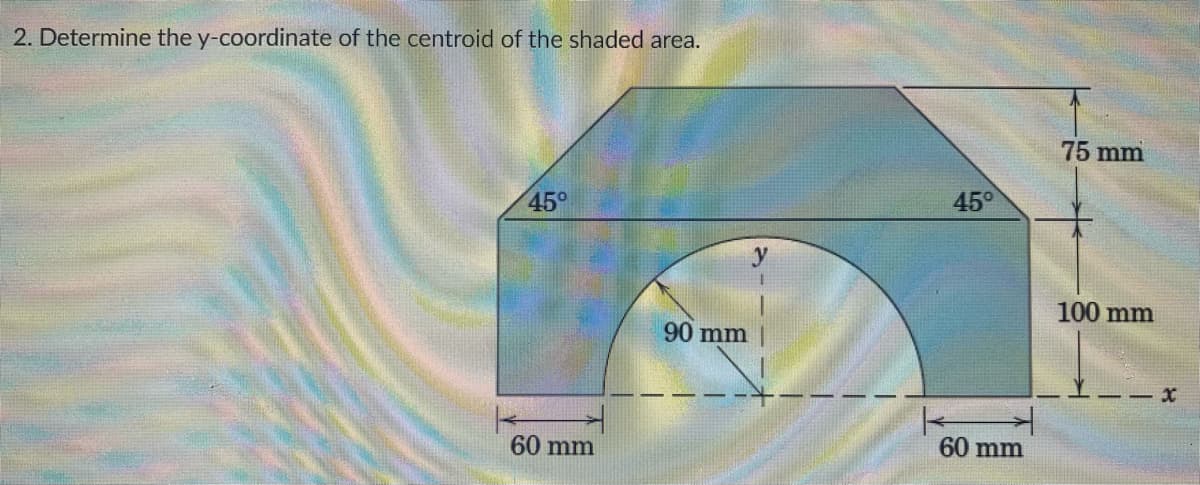 2. Determine the y-coordinate of the centroid of the shaded area.
75 mm
45°
45°
100 mm
90 mm
60 mm
60 mm
