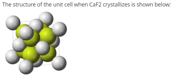 The structure of the unit cell when CaF2 crystallizes is shown below:
