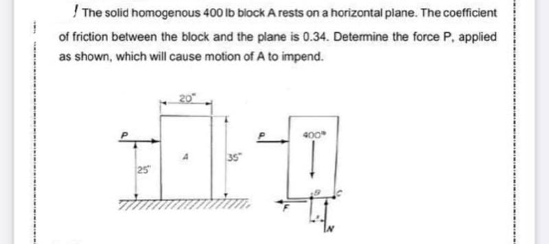 ! The solid homogenous 400 lb block A rests on a horizontal plane. The coefficient
of friction between the block and the plane is 0.34. Determine the force P, applied
as shown, which will cause motion of A to impend.
400
35
25"
