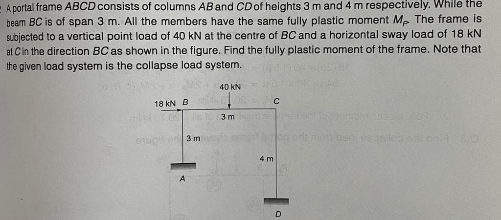 A portal frame ABCD consists of columns AB and CD of heights 3 m and 4 m respectively. While the
beam BC is of span 3 m. All the members have the same fully plastic moment Mp. The frame is
subjected to a vertical point load of 40 kN at the centre of BC and a horizontal sway load of 18 kN
at Cin the direction BC as shown in the figure. Find the fully plastic moment of the frame. Note that
the given load system is the collapse load system.
40 kN
18 kN B N
T.OS sto 3 mom amst.stameononselol
61ugler 3 mworle
4 m
A
