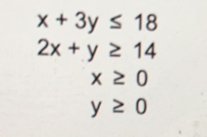 x + 3y s 18
2x + y > 14
Χ ΣΟ
Υ Σ Ο